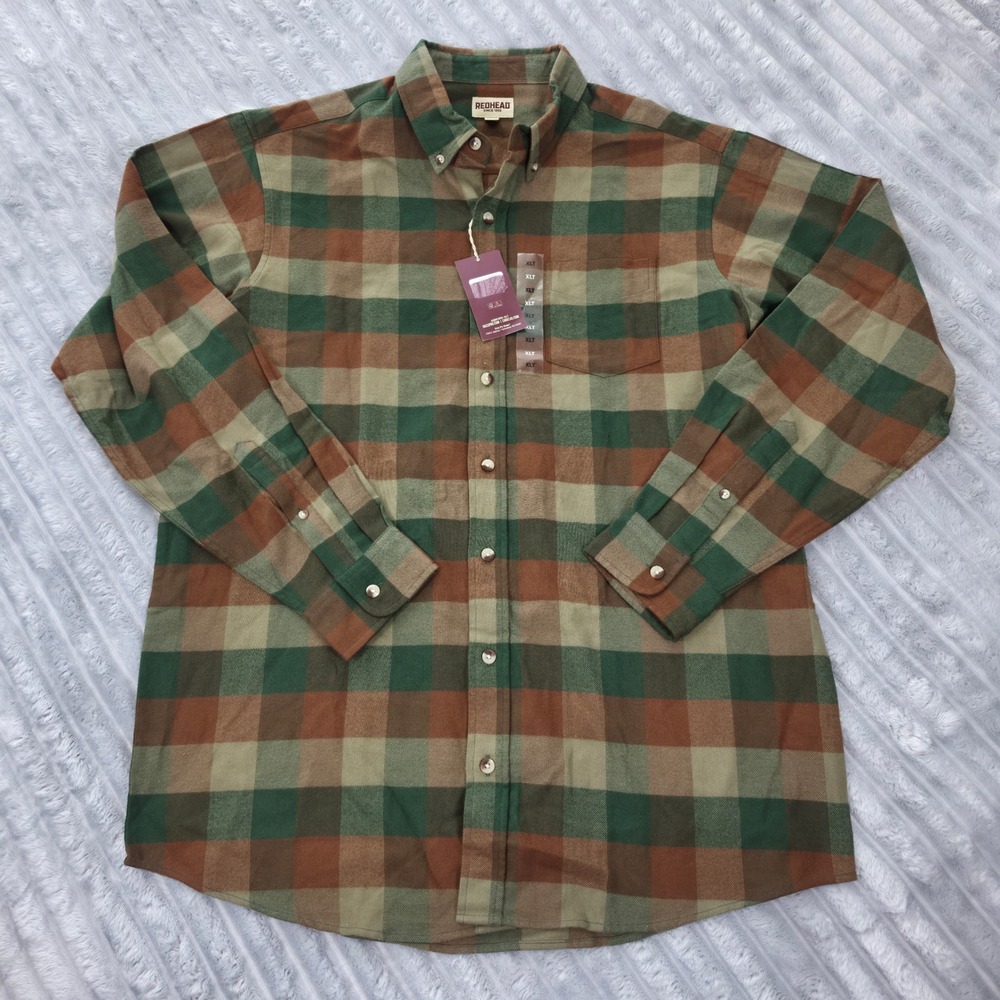 RedHead Mens XLT Plaid Flannel Button Down Shirt Green Brown Cotton Tall NWT